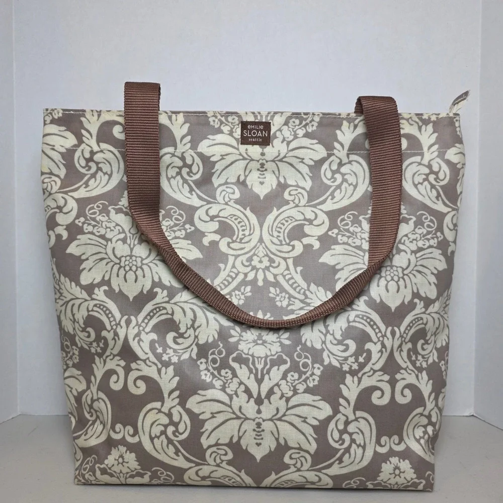 Emilie Sloan Seattle Tote Bag Taupe Cream Damask Floral‎ PVC Zipper Shoulder Bag